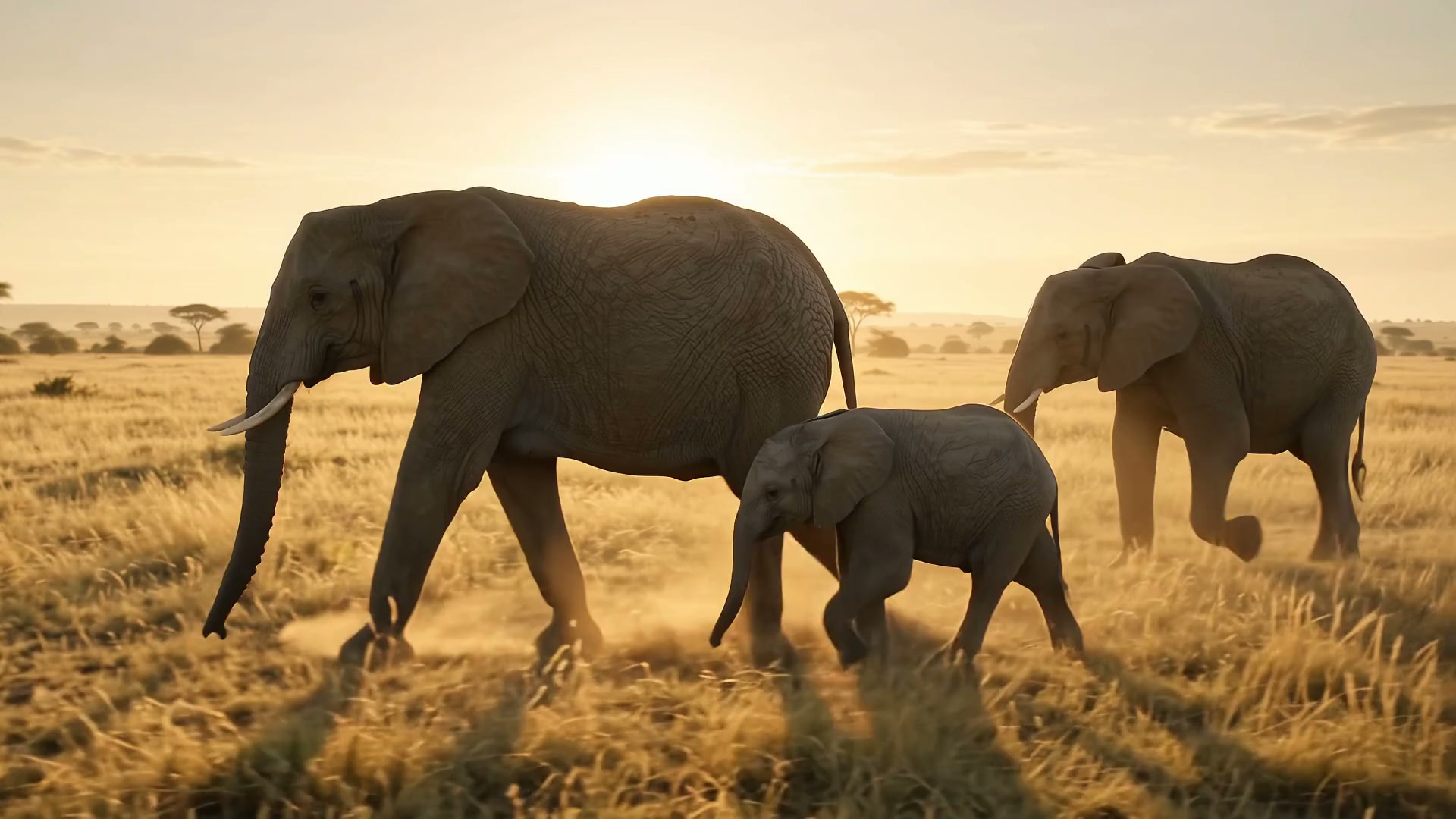 Elephants crossing the savanna at sunset