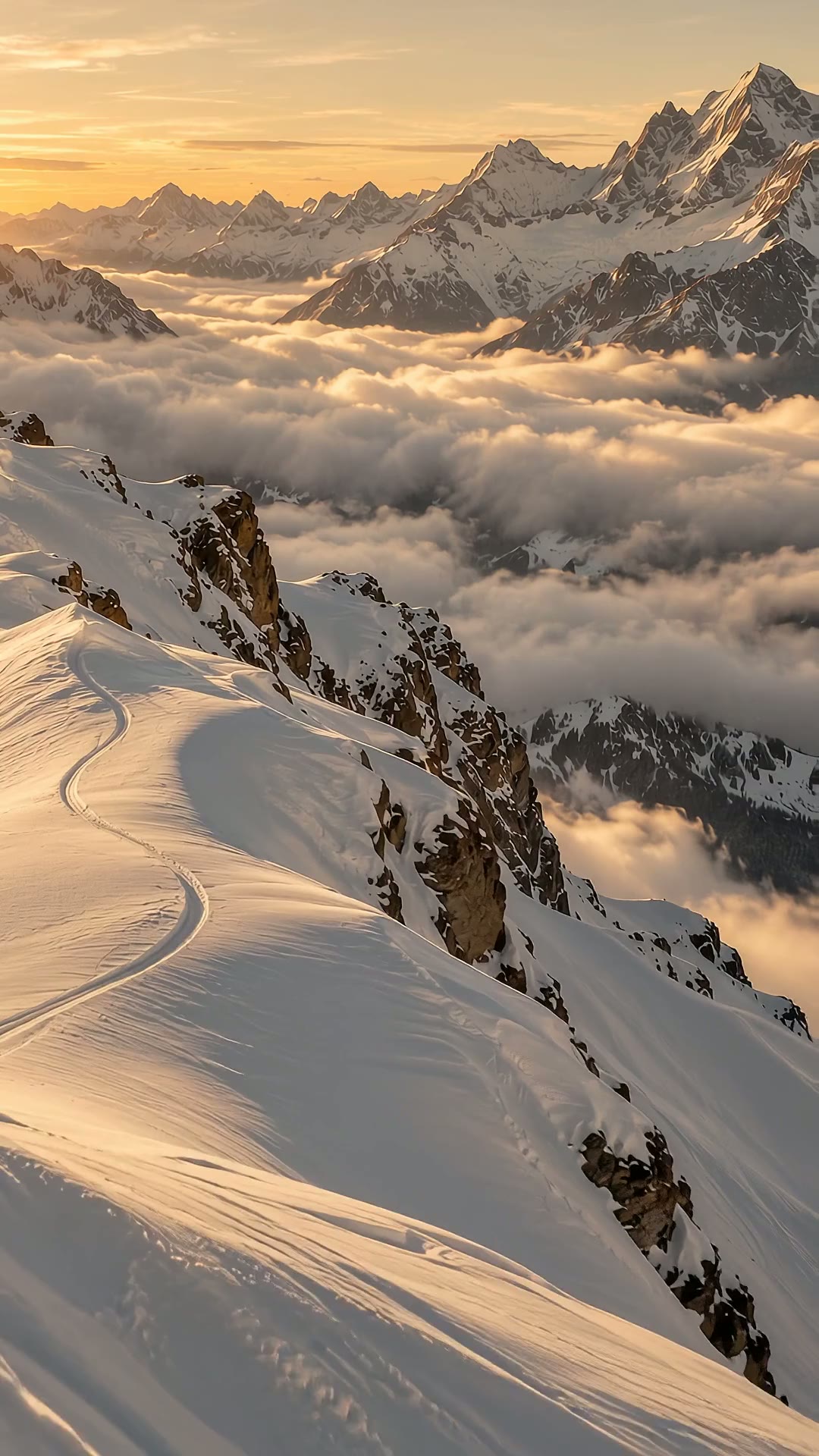 Powder snow drifting across an alpine ridge at sunrise