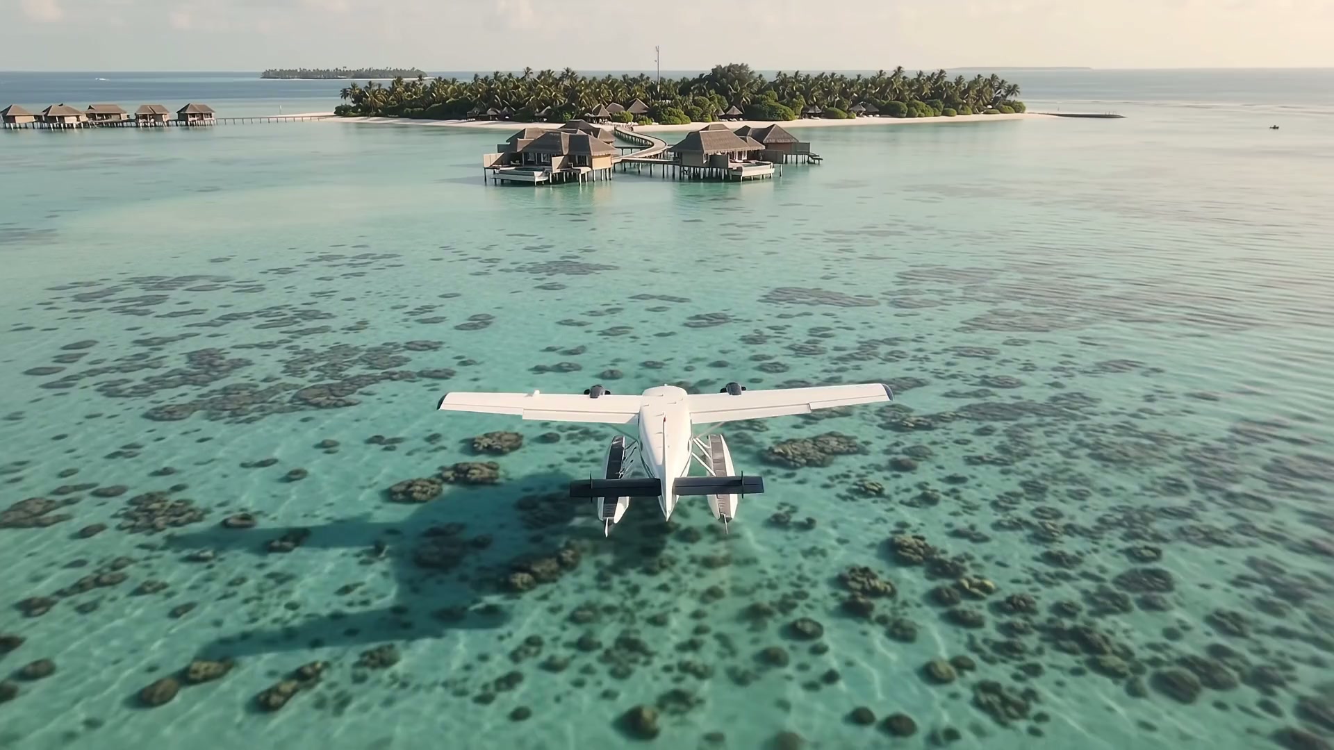 A seaplane gliding over a turquoise lagoon