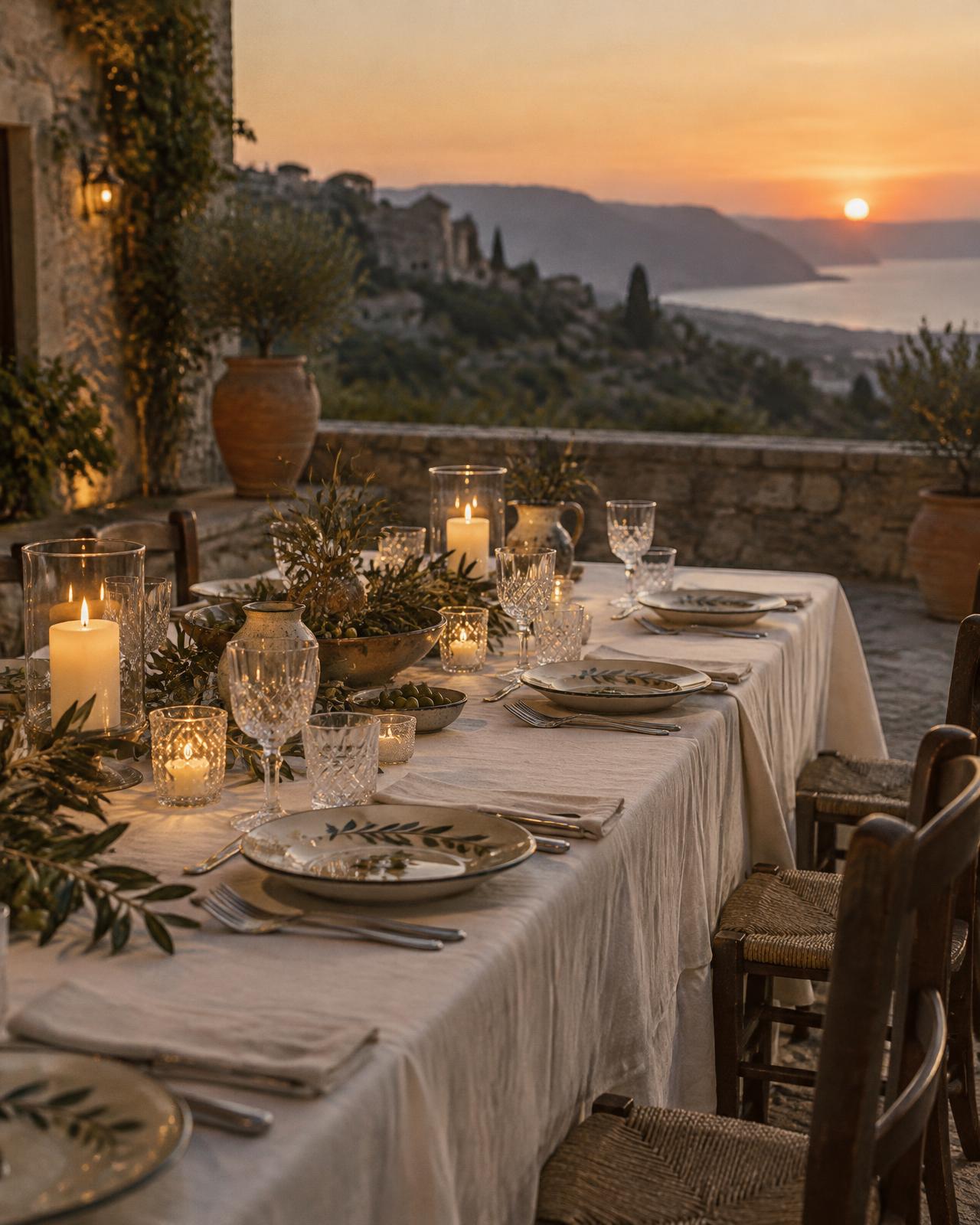 A candlelit dinner table on a stone terrace at sunset