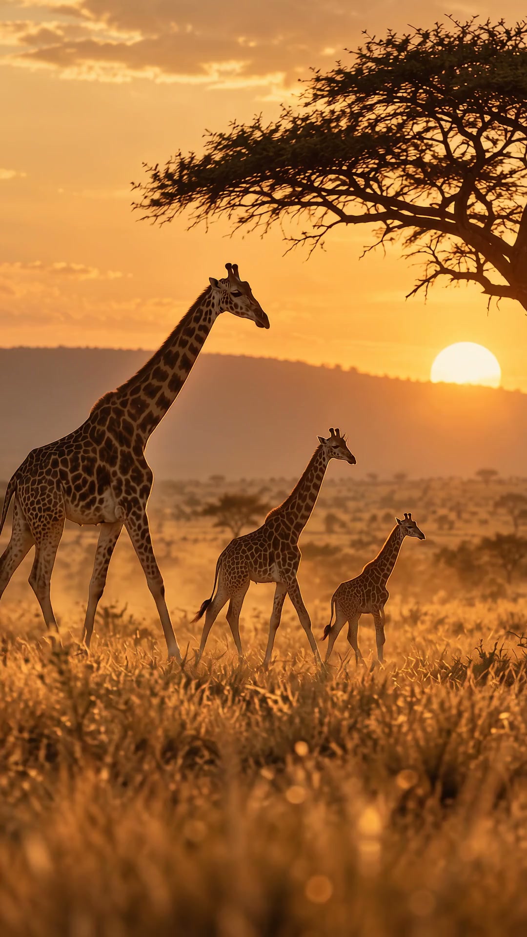 Giraffes walking past an acacia tree at sunset